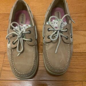 Sperry boat shoes with pastel checkered pattern, size 7, very good condition